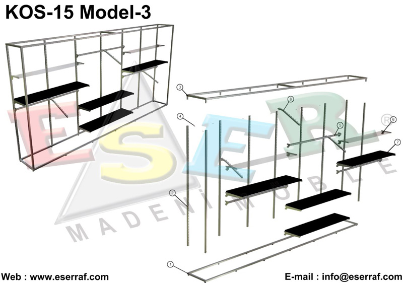 KOS-15 Model 3 Askılıklı ve Raflı Butik Mağazası Duvar Sistemi